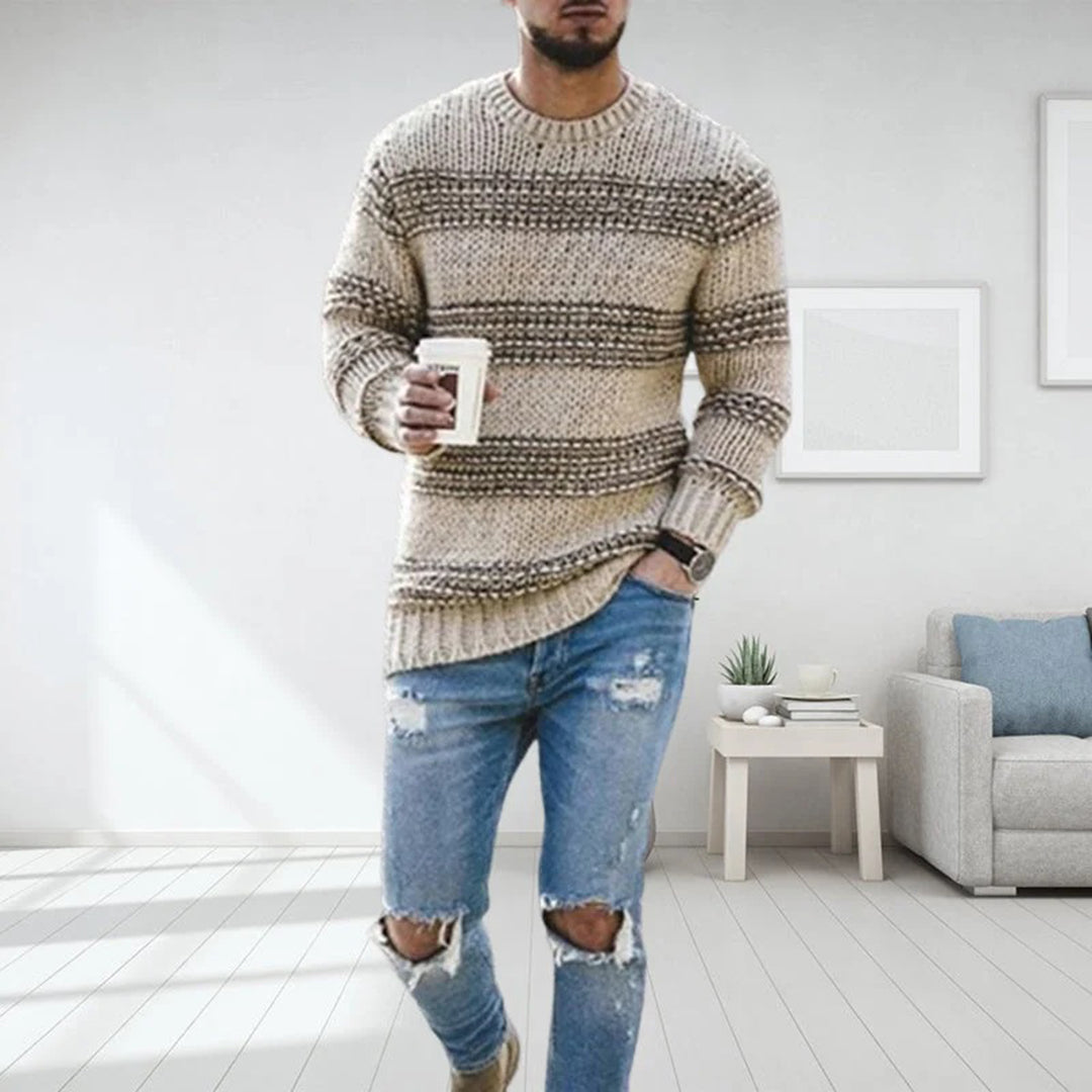 Herren Strickpullover Grob Gestrickt Rundhals Streifenmuster - Norvielle
