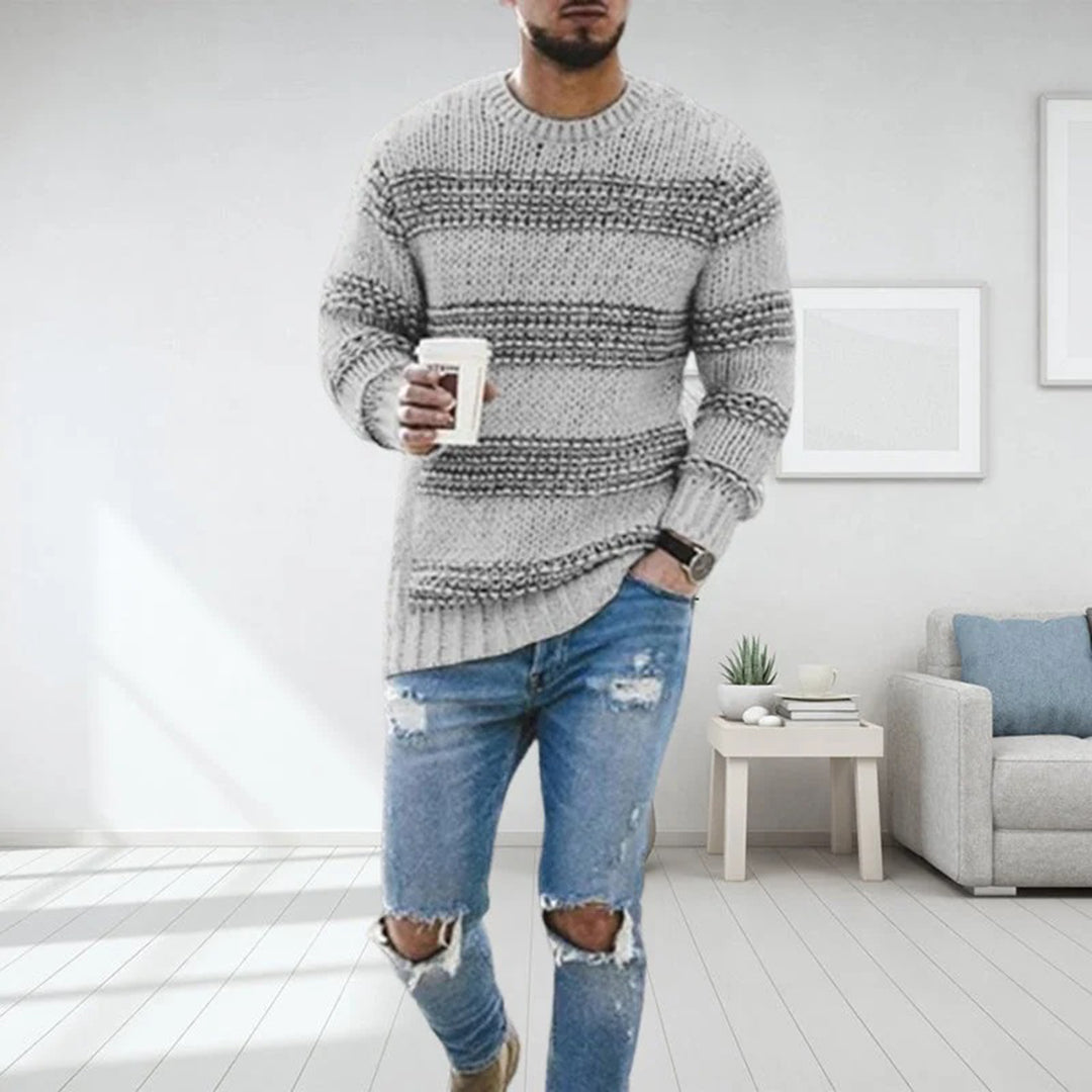 Herren Strickpullover Grob Gestrickt Rundhals Streifenmuster