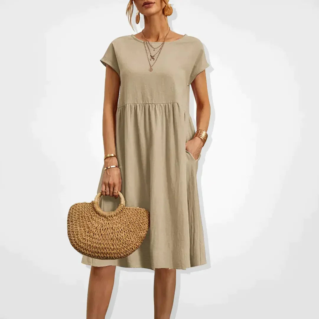 Damen Midi Sommerkleid Kurze Ärmel Mit Taschen