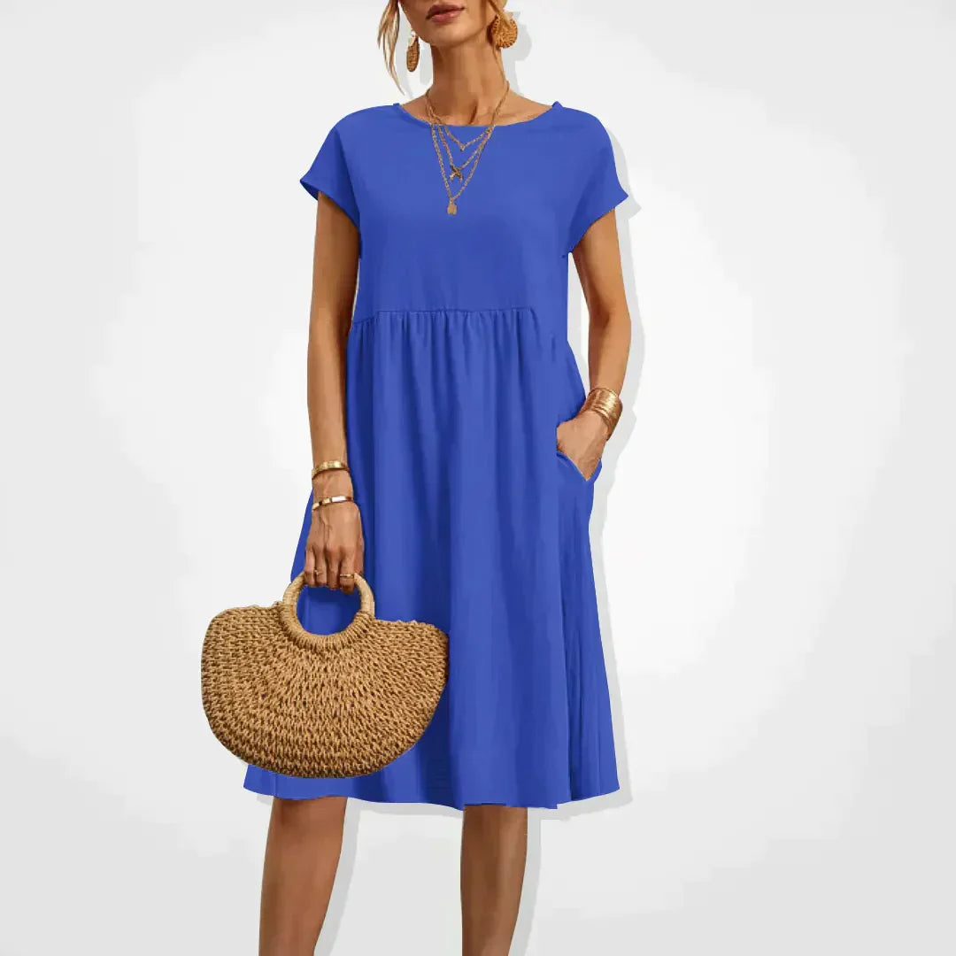 Damen Midi Sommerkleid Kurze Ärmel Mit Taschen