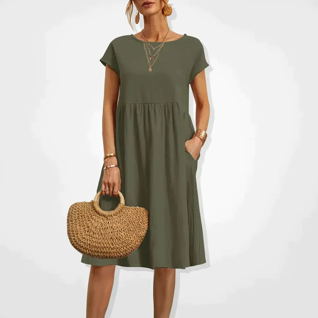 Damen Midi Sommerkleid Kurze Ärmel Mit Taschen