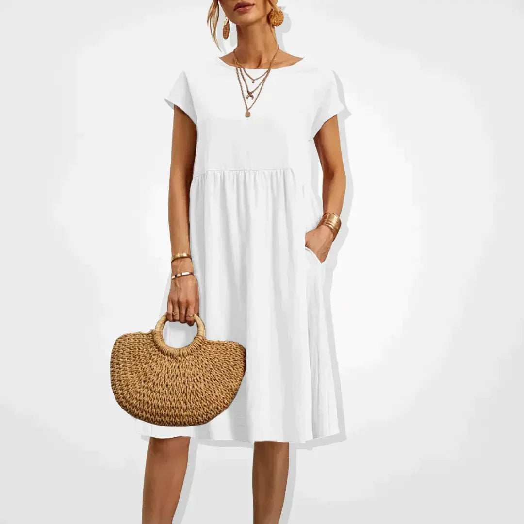 Damen Midi Sommerkleid Kurze Ärmel Mit Taschen - Eveloria