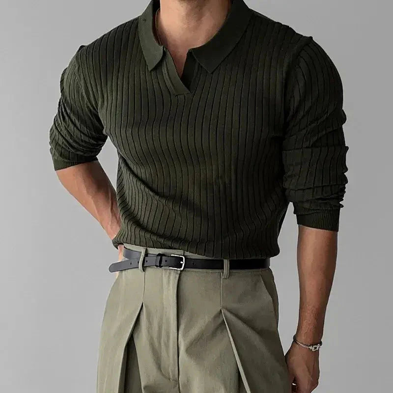 Herren Langarm-Poloshirt Rippstrick Umlegekragen Weiß - Norvielle