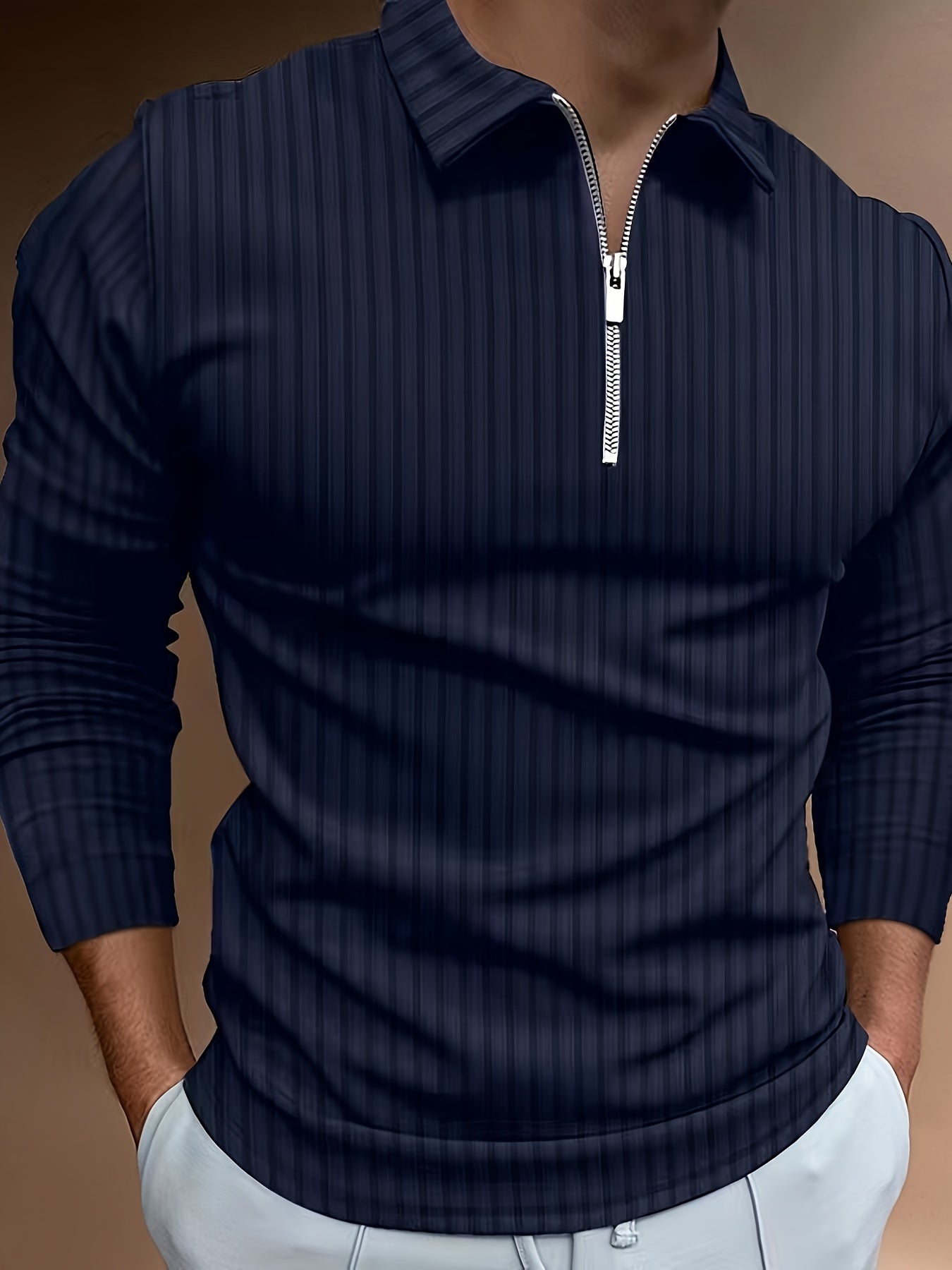 Herren Langarm-Poloshirt Slimfit Viertelreißverschluss Dunkelblau - Norvielle