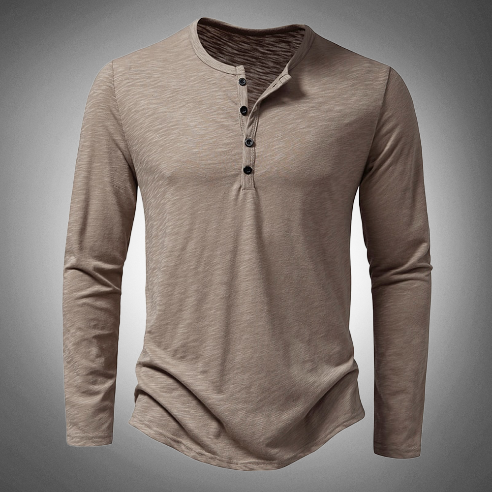 Herren Langarm-T-Shirt Baumwolle Viertelknopfleiste Einfarbig - Norvielle