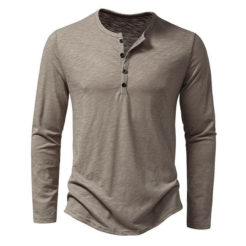 Langarm-T-Shirt | Einfarbig | Knopfleiste am Halsausschnitt | Henley-Shirt | Herrenbekleidung-Khaki-S-Chaps Herrenmode