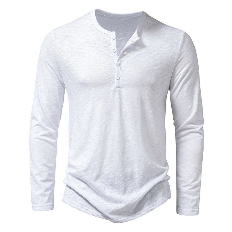 Langarm-T-Shirt | Einfarbig | Knopfleiste am Halsausschnitt | Henley-Shirt | Herrenbekleidung-Weiß-S-Chaps Herrenmode