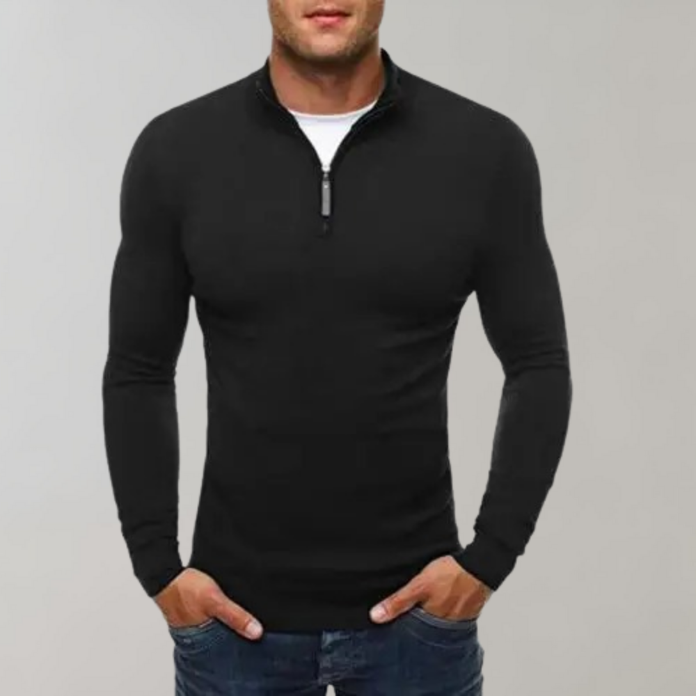 Herren Langarmshirt Slim Fit Viertelreißverschluss Schwarz - Norvielle