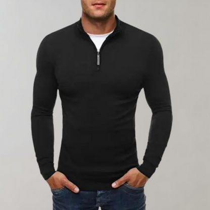 Herren Langarmshirt Slim Fit Viertelreißverschluss Schwarz - Norvielle