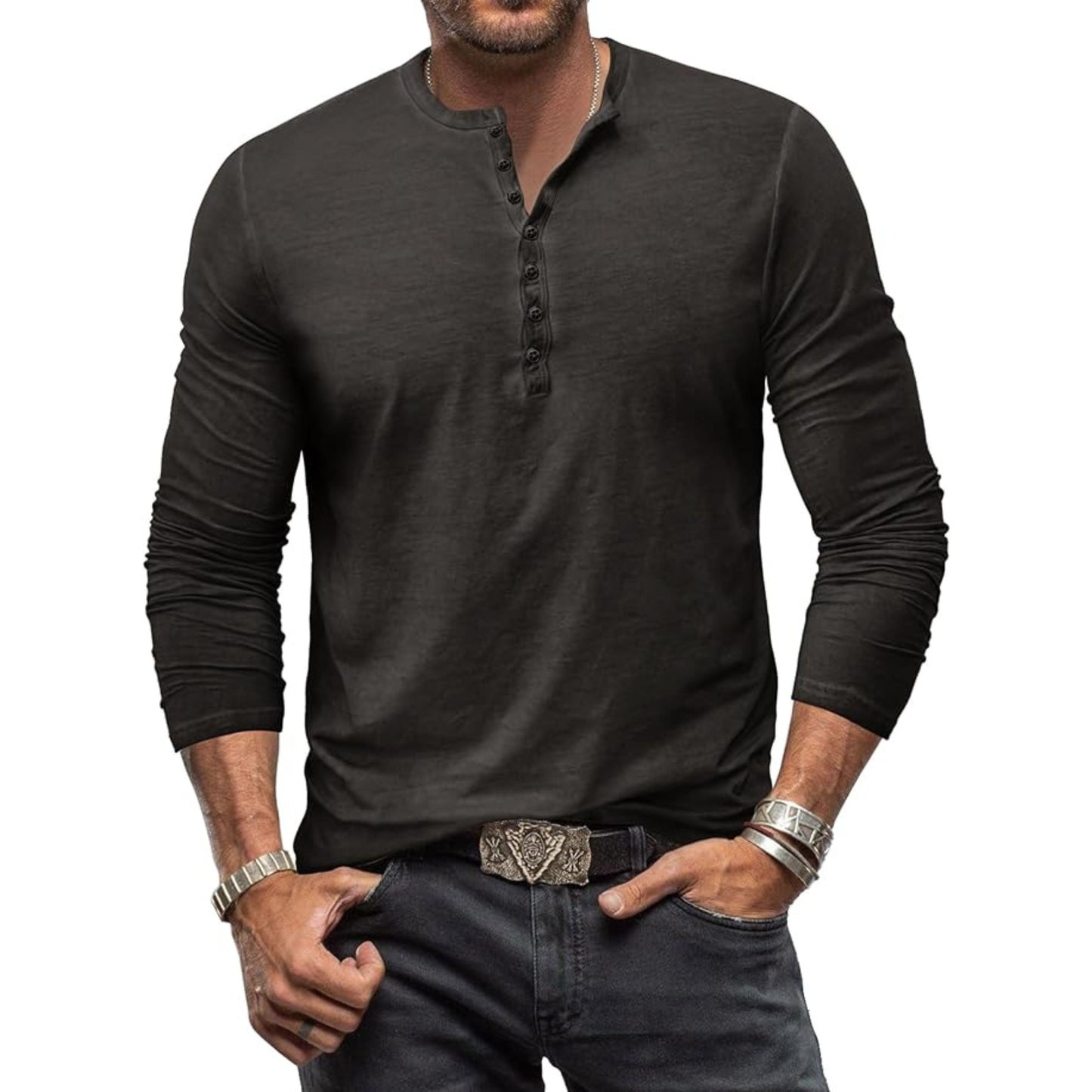 Herren Langärmeliges T-Shirt aus Baumwolle mit Knöpfen Schwarz - Norvielle