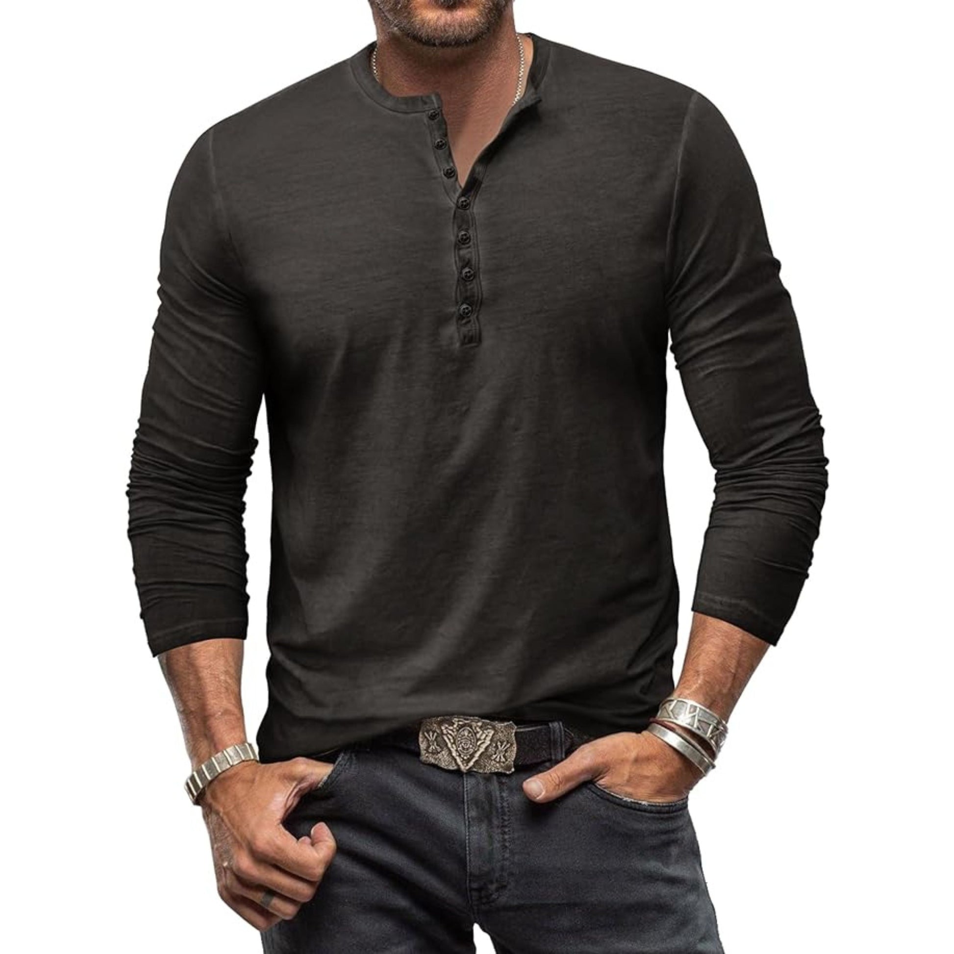 Herren Langärmeliges T-Shirt aus Baumwolle mit Knöpfen Schwarz - Norvielle