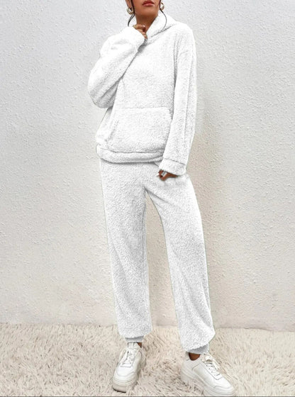 Weicher Teddy Hoodie Set Damen Warme Loungehose mit Kängurutasche