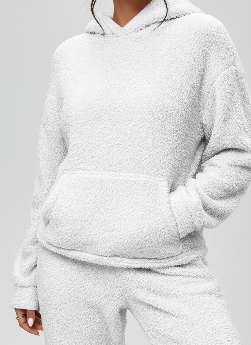 Weicher Teddy Hoodie Set Damen Warme Loungehose mit Kängurutasche
