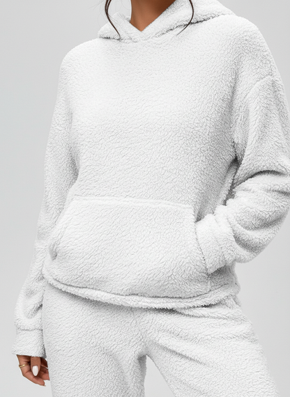 Weicher Teddy Hoodie Set Damen Warme Loungehose mit Kängurutasche