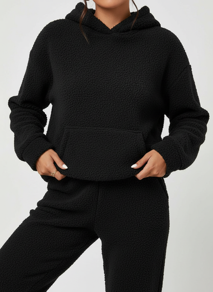 Weicher Teddy Hoodie Set Damen Warme Loungehose mit Kängurutasche