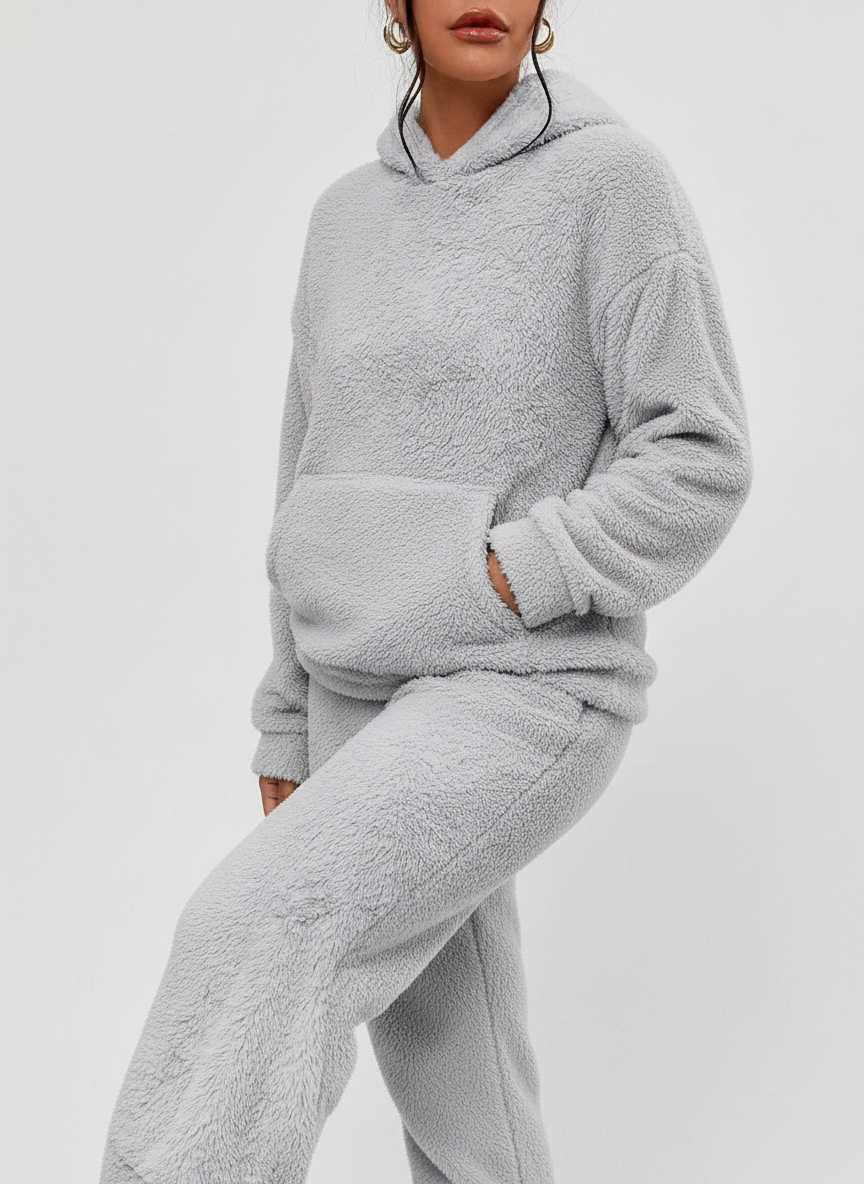 Weicher Teddy Hoodie Set Damen Warme Loungehose mit Kängurutasche