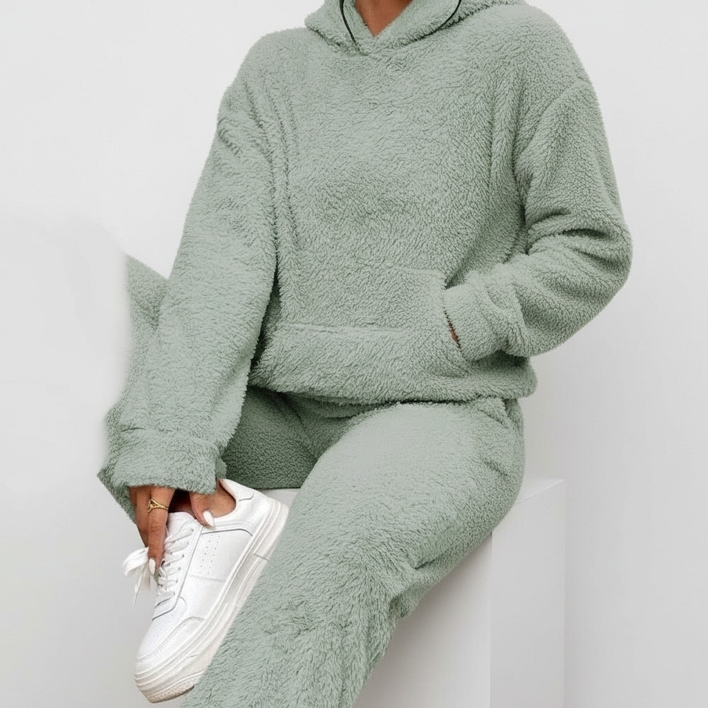 Weicher Teddy Hoodie Set Damen Warme Loungehose mit Kängurutasche
