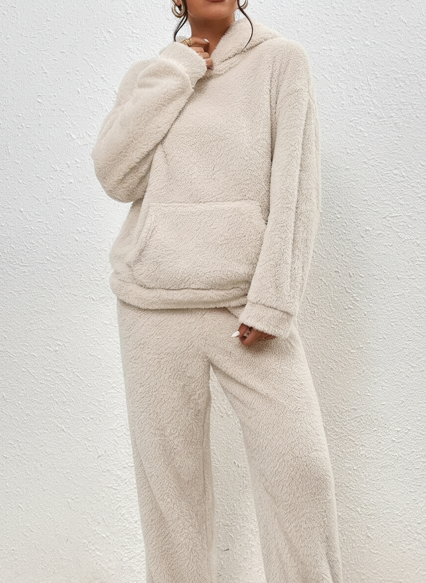 Weicher Teddy Hoodie Set Damen Warme Loungehose mit Kängurutasche
