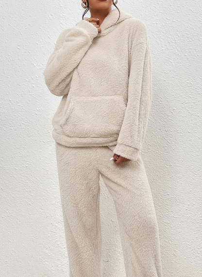 Weicher Teddy Hoodie Set Damen Warme Loungehose mit Kängurutasche