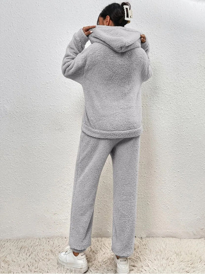 Weicher Teddy Hoodie Set Damen Warme Loungehose mit Kängurutasche