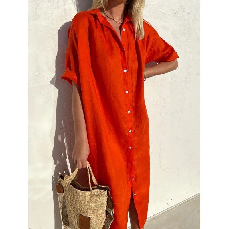 Langes Elarova Kleid aus Baumwolle und Leinen mit Taschen