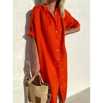 Langes Elarova Kleid aus Baumwolle und Leinen mit Taschen