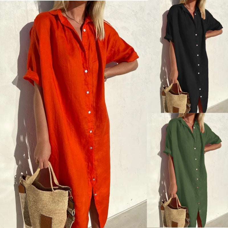 Langes Elarova Kleid aus Baumwolle und Leinen mit Taschen