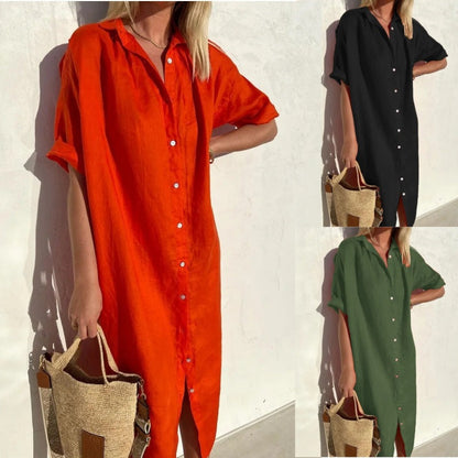 Damen Kleid aus Baumwolle Leinen mit Taschen Lang - Norvielle