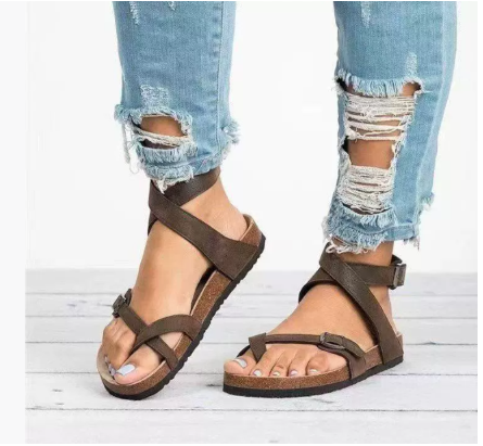 Damen Flache Sandalen mit Riemen Beige - Norvielle