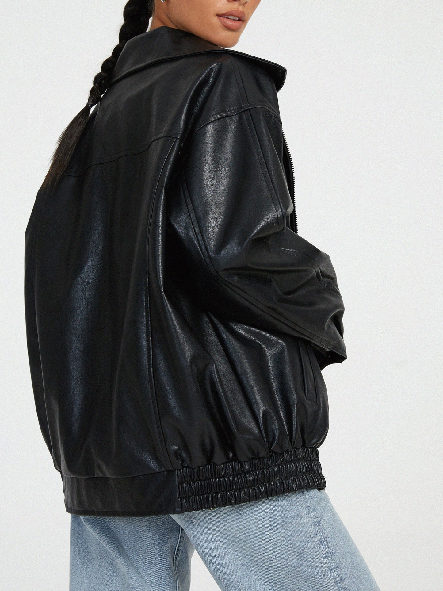 Norvielle Damen Lederjacke Oversized Schwarz Winter - Norvielle