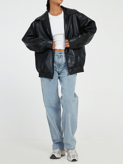 Norvielle Damen Lederjacke Oversized Winter