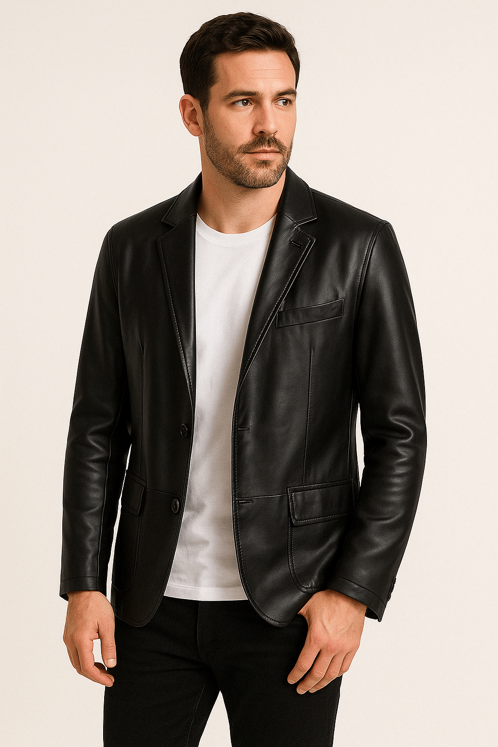 Herren Lederjacke Revers Knöpfe Schwarz Kunstleder - Norvielle