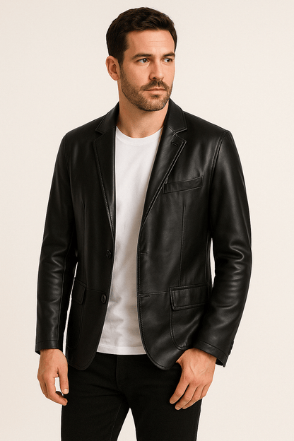 Herren Lederjacke Revers Knöpfe Schwarz Kunstleder - Norvielle