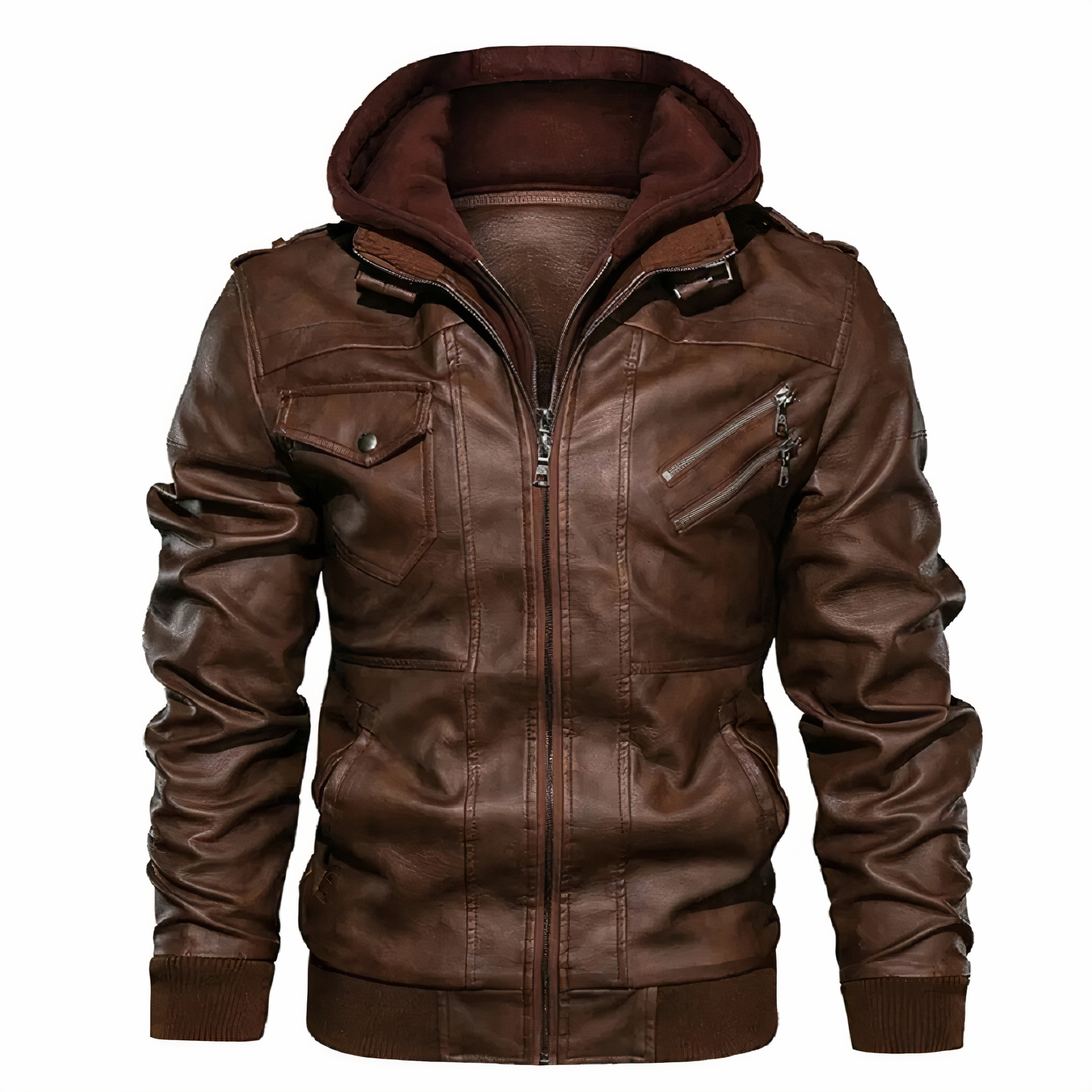 Männer Lederjacke Bikerjacke Kapuze Schmal Schwarz - Norvielle