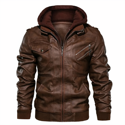 Männer Lederjacke Bikerjacke Kapuze Schmal Schwarz - Norvielle