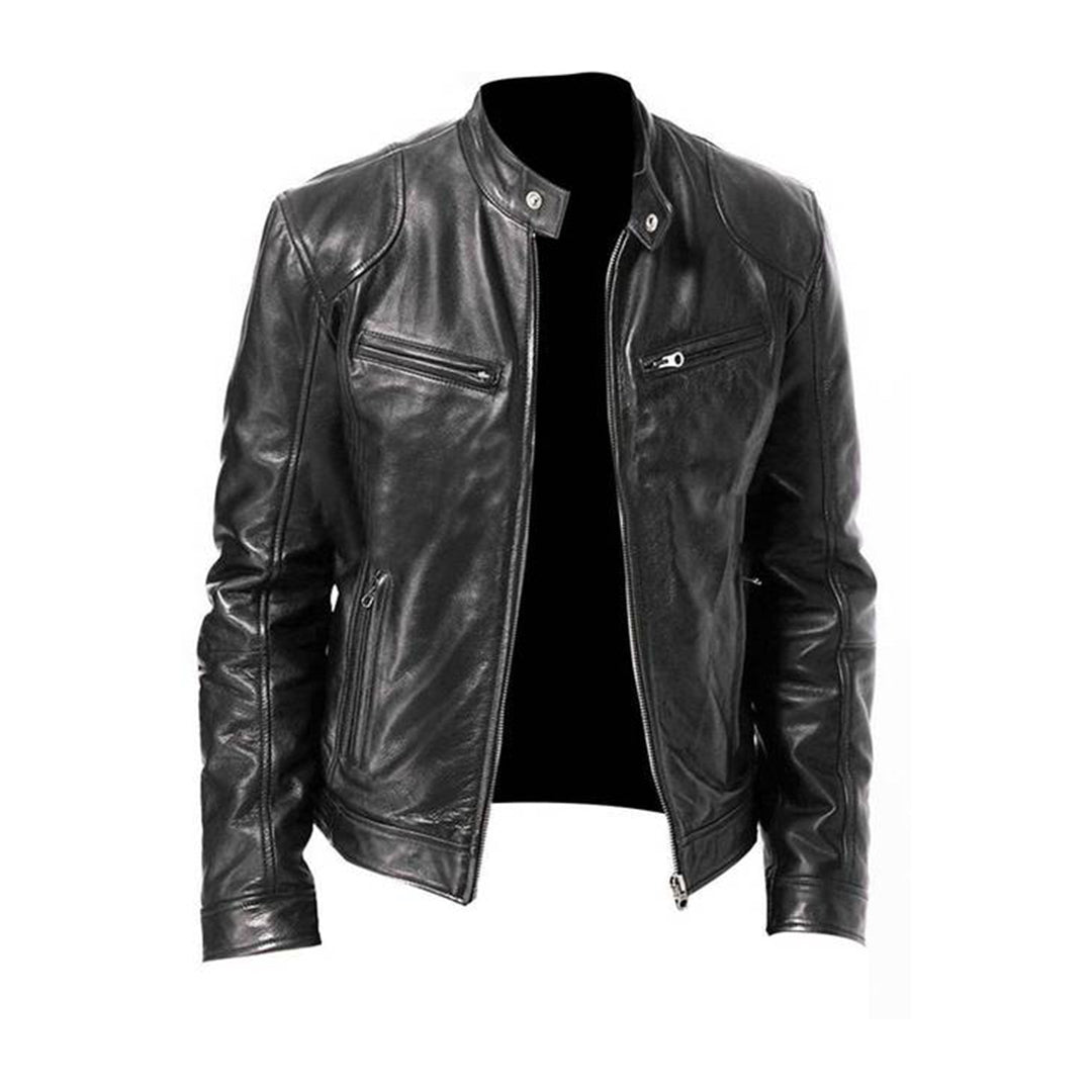 Herren Lederjacke Klassische Bikerjacke Reißverschluss Schwarz - Norvielle