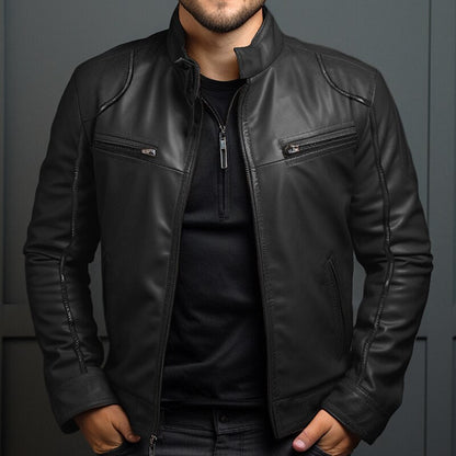 Lederjacke - Klassische schwarze und braune Lederjacke mit Reißverschluss für Männer-Schwarz-S-Chaps Herrenmode