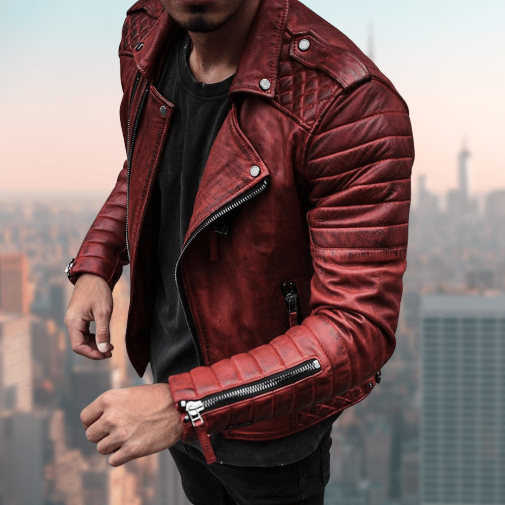 Lederjacke - Zip-Up - Kunstleder - Lederjacke für Männer - Bikerjacke-Rot-S-Chaps Herrenmode