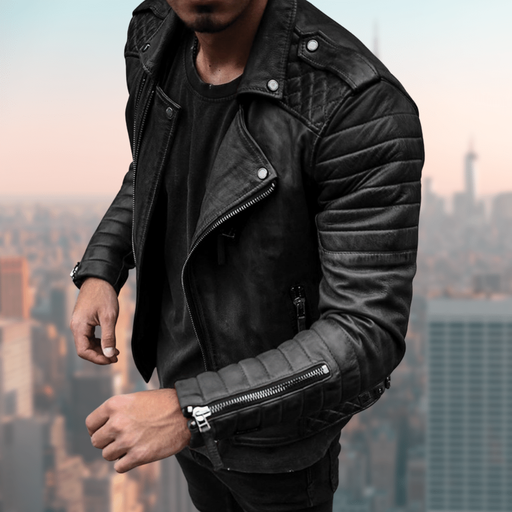Herren Lederjacke Kunstleder Bikerjacke Schwarz - Norvielle