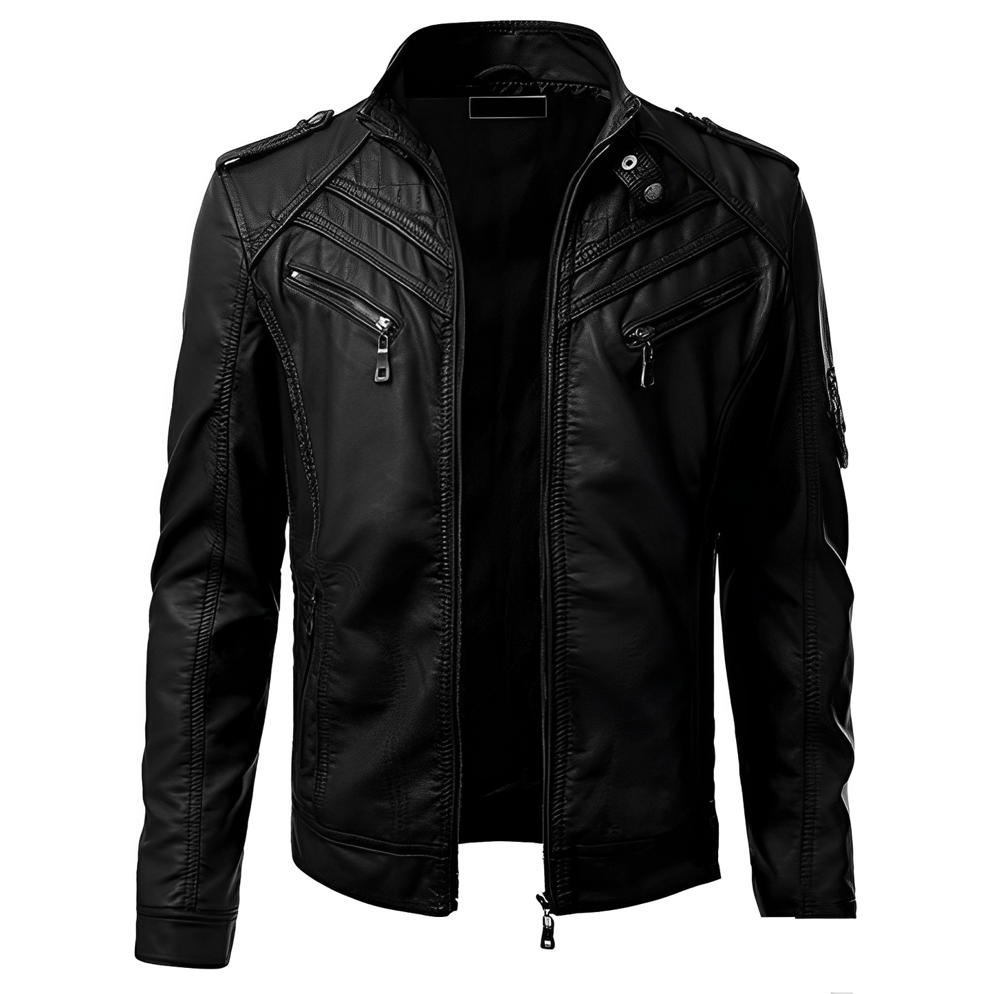 Herren Lederjacke Stehkragen Bikerjacke Schwarz - Norvielle