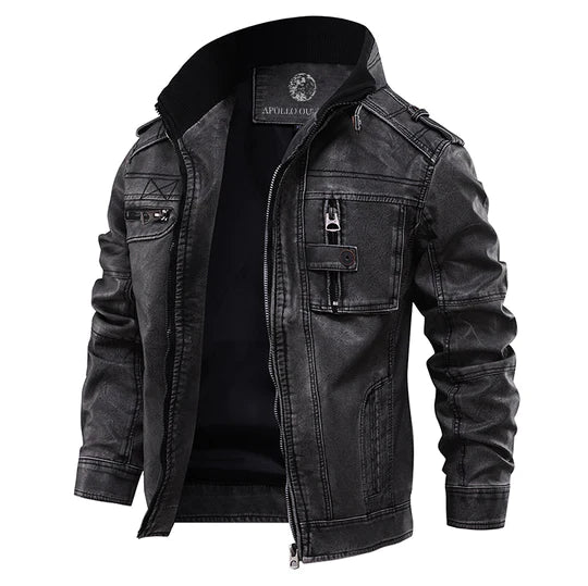 Herren Lederjacke Stehkragen Schwarz - Norvielle