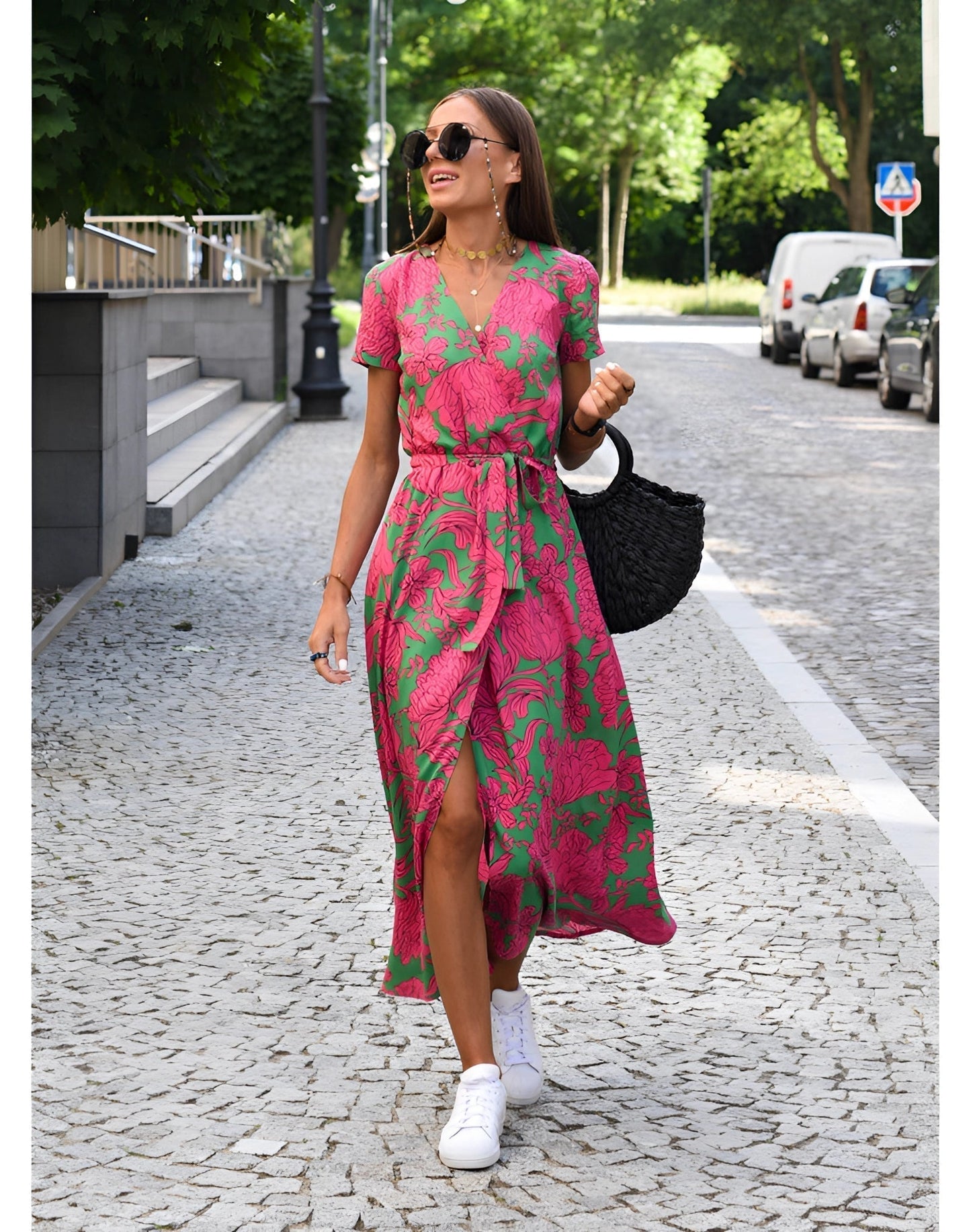 Leichtes Damen Sommerkleid V-Ausschnitt Florales Wickeldesign - Norvielle