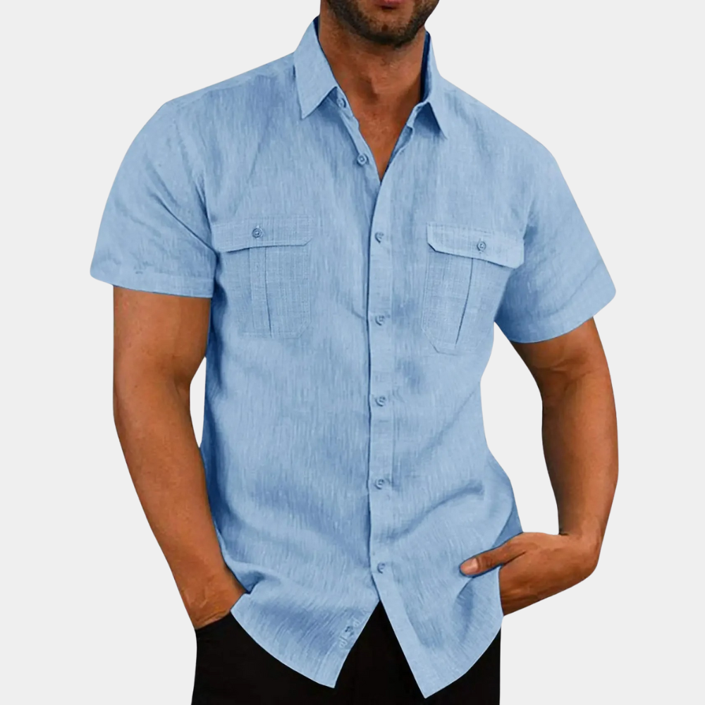 Herren Leinenhemd Kurzarm Mit Brusttaschen Blau - Norvielle