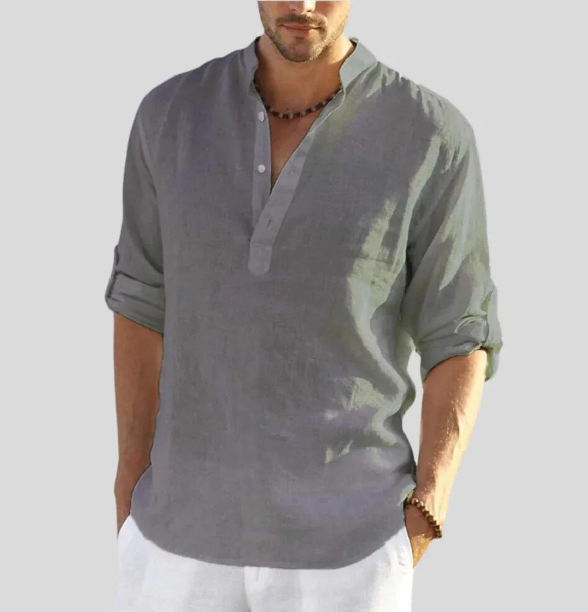 Leinenhemd | Langarm | Halber Knopf | Button-Up Hemd | Herrenhemd-Grau-S-Chaps Herrenmode