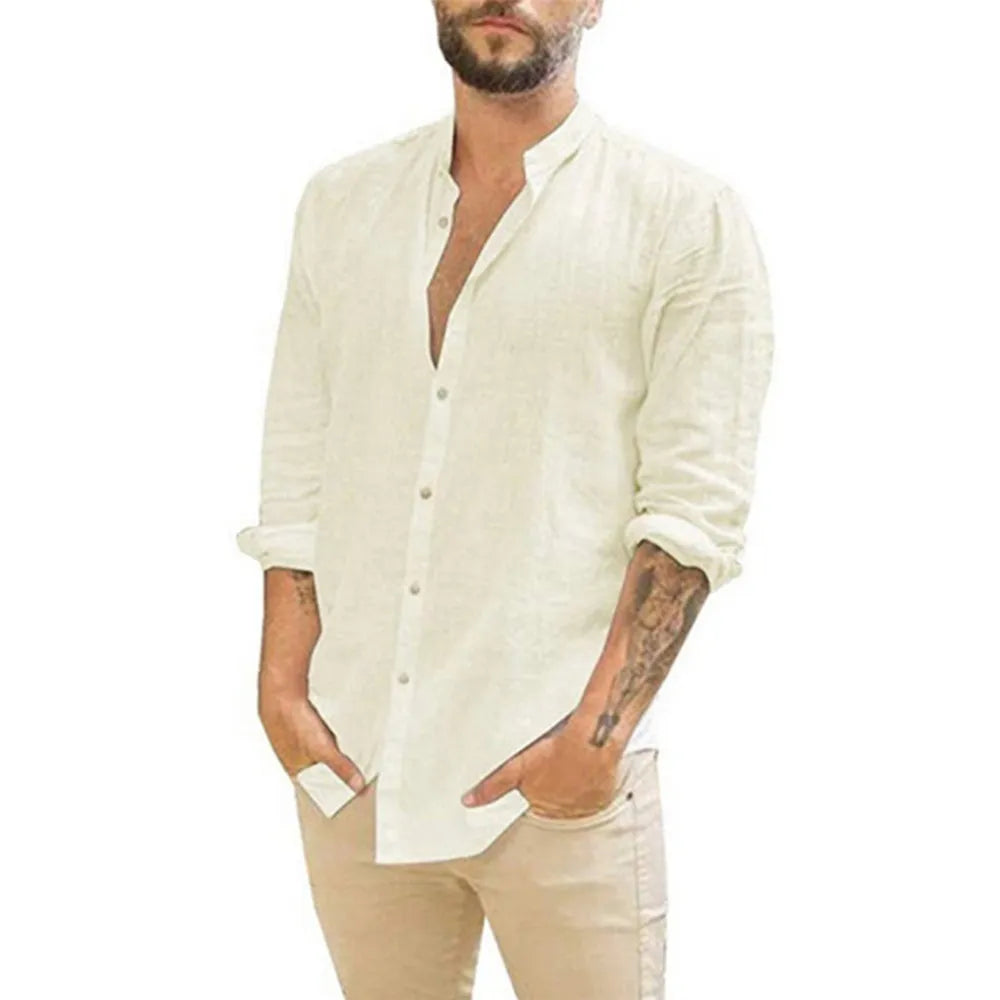 Herren Leinenhemd Langarm Knopfleiste Beige - Norvielle