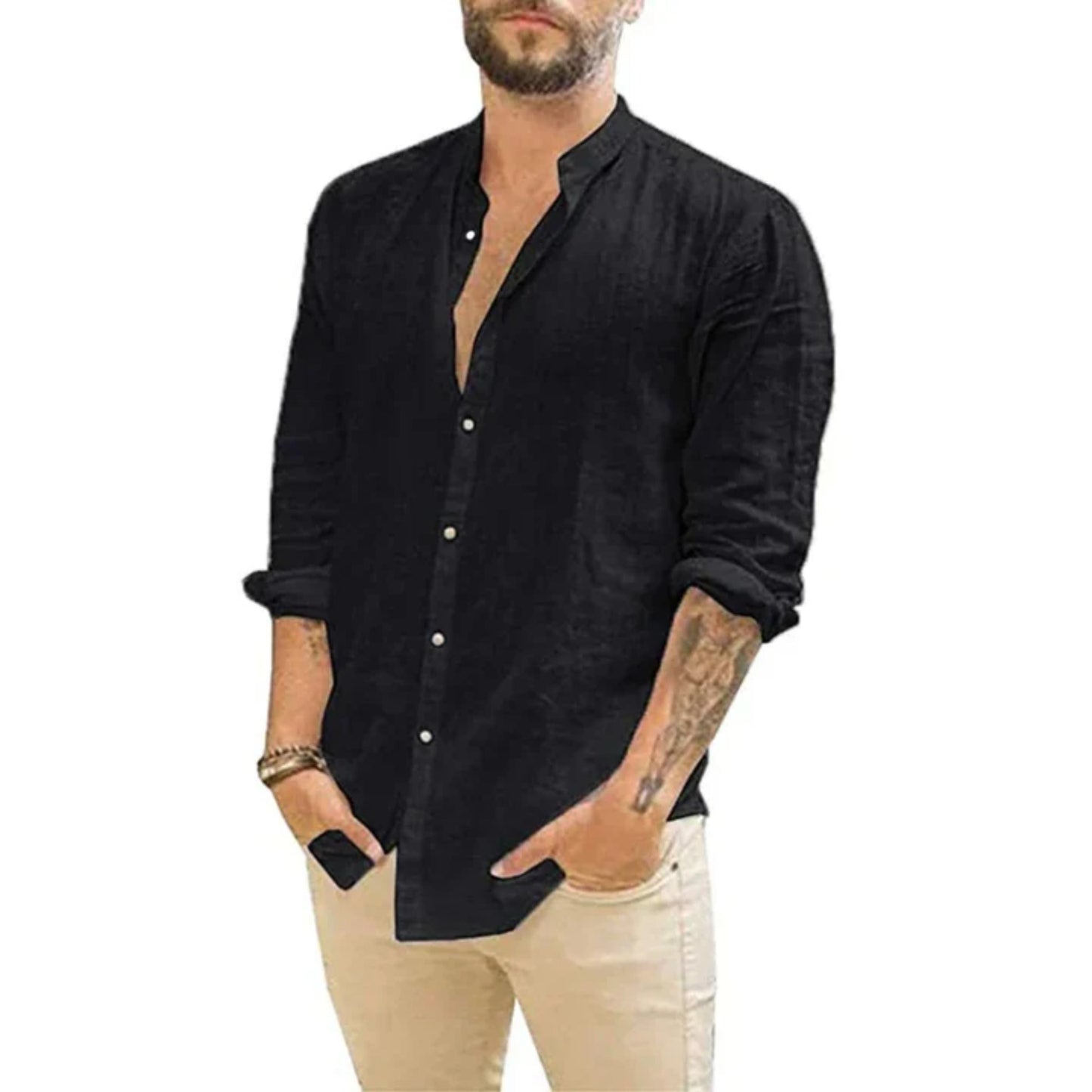 Leinenhemd | Leicht | Langarm | Knopfleiste | Sommerhemden für Männer-Schwarz-S-Chaps Herrenmode