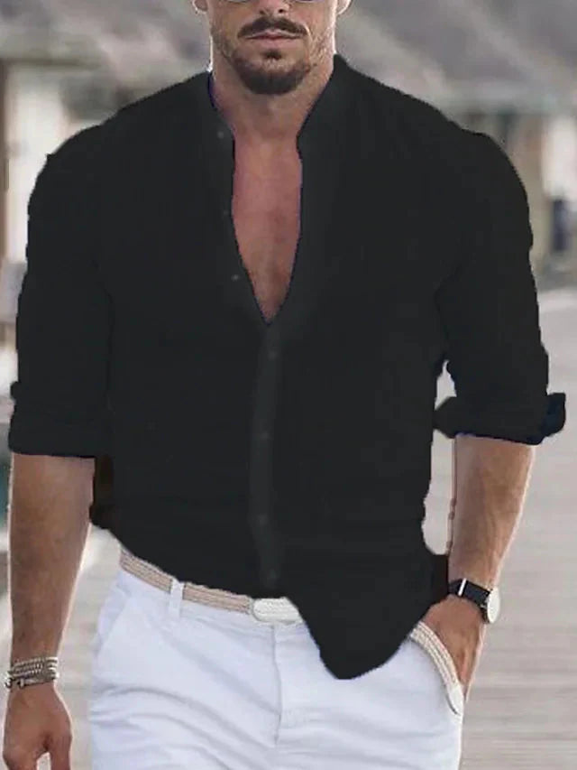 Leinenhemd | Regular Fit | Langarm | Herrenhemd | Button-Up-Hemd-Schwarz-S-Chaps Herrenmode