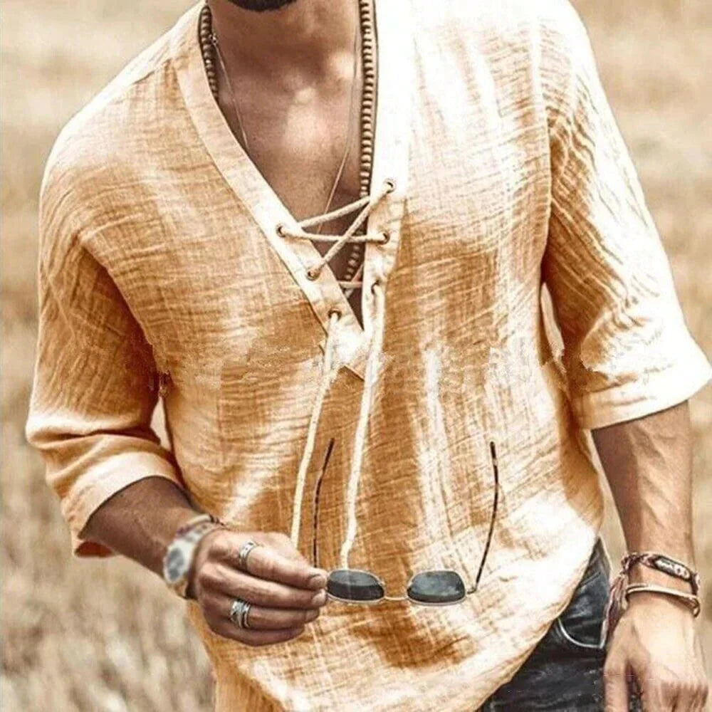 Herren Leinenhemd V-Ausschnitt Halbarm Sommer Weiss - Norvielle
