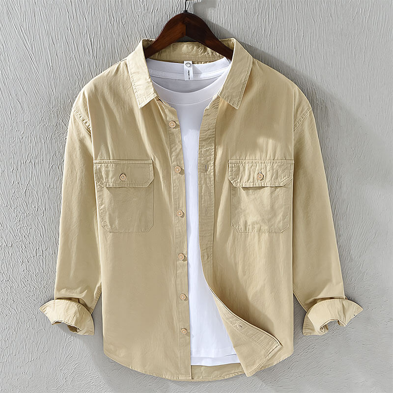 Herren Leinenhemd Langarm Knöpfe Taschen Beige - Norvielle