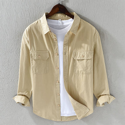 Herren Leinenhemd Langarm Knöpfe Taschen Beige - Norvielle